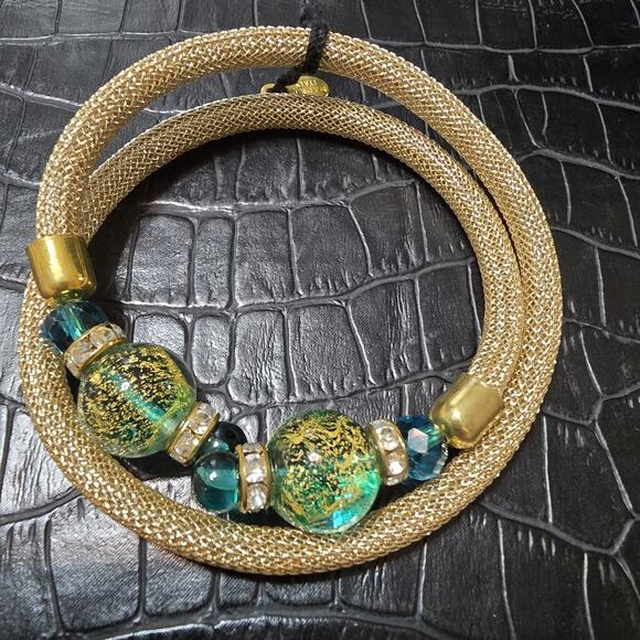 Vintage Stauer Murano Gold Mesh Wrap Bracelet Teal Glass Beads Signed Italy - Picture 3 of 3